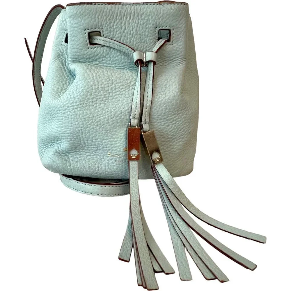 Kate Spade Copper Drawstring Bucket Bag Small Crossbody Strap Lined Light Blue